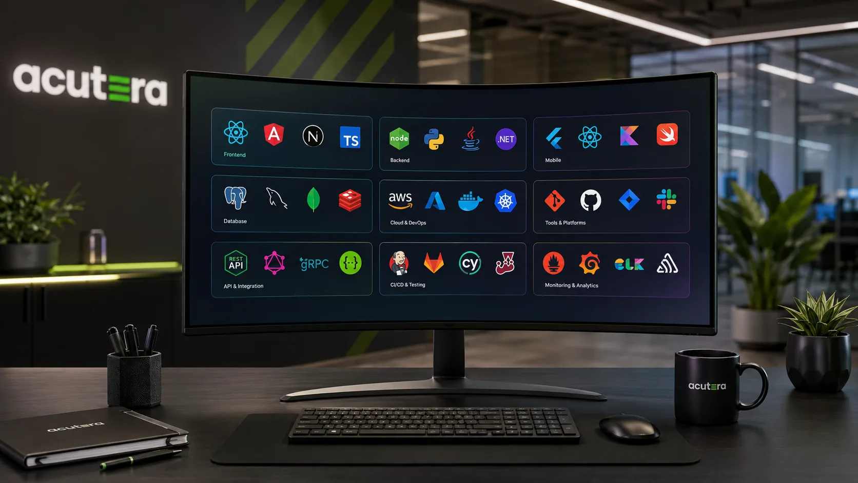 Acuteera technology stack displayed on a development workstation